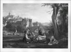 a talking woman with children near a town by Friedrich Eduard Meyerheim