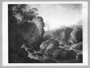 Rocks with waterfall + boys by Christian Wilhelm Ernst Dietrich