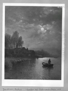 Mondlandschaft, Seeufer mit Fischer und Hutte