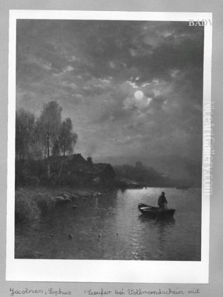 Landscape at moonlight fishing - men in a boat - view 1