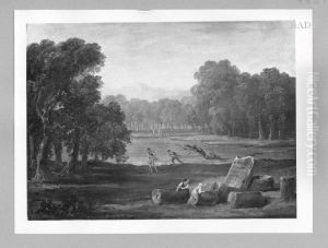 ruined monument near a lake by Hubert Robert