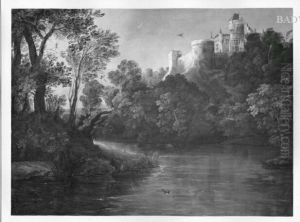 Flusslandschaft mit Burg (Schloss Bentheim) by David Vinckboons I