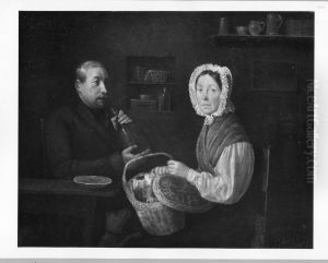 Paar mit Hund in einer Kuche am Tisch sitzend by Johann Michael Neder