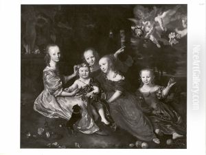 Die Geschwister, Portrat von funf Kindern in einer Landschaft mit Putten by Abraham Lambertsz van den Tempel
