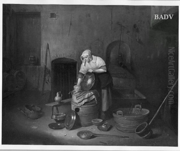 Kitchen- girl cleaning a kettle - view 1