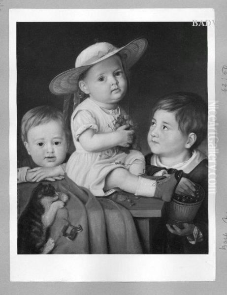 portrait of three children with a cat - view 1