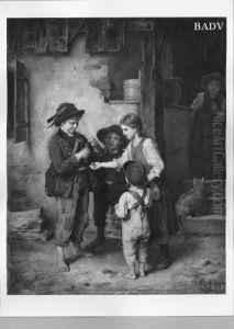 Children with a bird + cage. by Franz Defregger