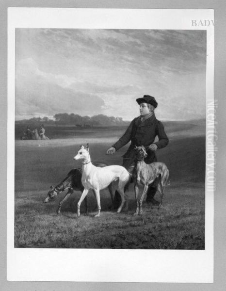 Bursche mit drei Jagdhunden - view 1