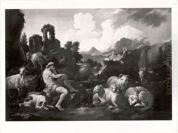Hirt mit Kuh, Schafen und Ziegen in italienischer Berglandschaft - view 1