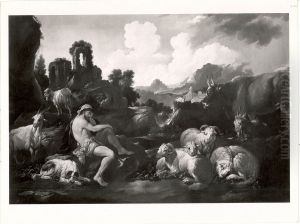 Hirt mit Kuh, Schafen und Ziegen in italienischer Berglandschaft by Philipp Peter Roos
