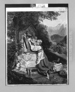 "Die andachtige Blumenspenderin", Bauernmadchen einen Bildstock schmuckend by Ferdinand Georg Waldmuller