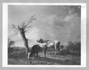Cows with shephed in a landscape by Ferdinand Kobell