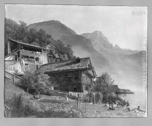 Bauernhauser am Hallstadter See by Ferdinand Georg Waldmuller