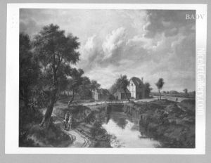 Landschaft mit Muhle, Bach, Brucke und Staffage by Meindert Hobbema