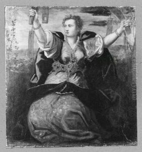 Weibliche allegorische Figur, ein zerbrochenes Rad haltend