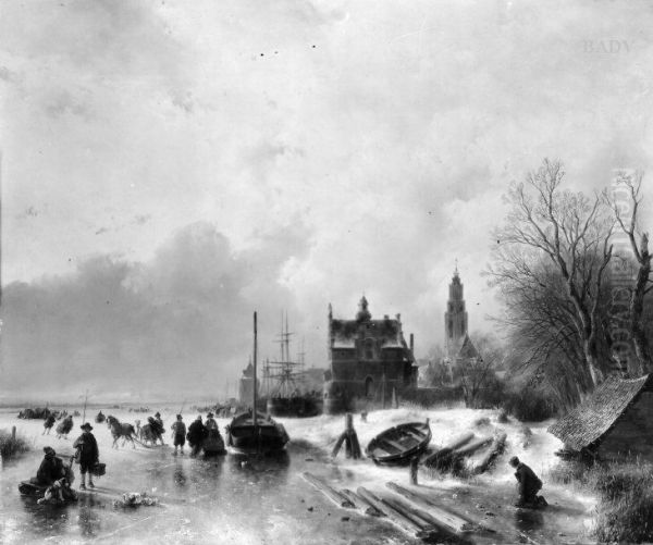 Winterlandschaft mit Pferdeschlitten und Schlittschuhlaufern - view 1