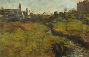 Veduta Di Paese Su Una Collina Con Ruscello by Michele Cammarano