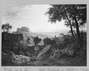 Italienische Landschaft mit Kastell und Staffage
