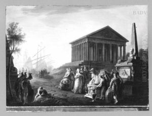 Frauenopfer vor einem Tempel, im Hintergrund ein Hafen