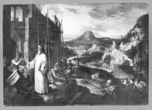 Landschaft, links im Vordergrund Bau einer Kirche und Heiliger (Heiliger Benedikt)