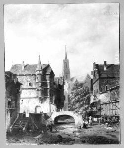 Part of a small town with figures by Charles Henri Leickert