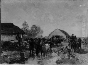 Bauernfuhrwerke und Pferde an der Tranke
