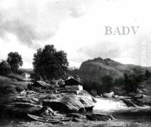 Schweizer Landschaft mit Gehoft und Wildbach by Alexandre Calame