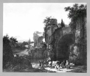 Klassische Landschaft mit Ruinen und Staffage