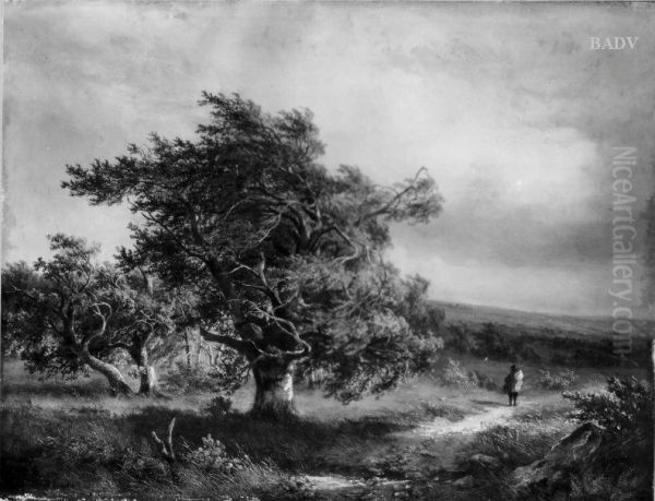 "Der Windsteg", Eichen im Sturm und Spazierganger - view 1