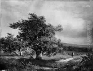 "Der Windsteg", Eichen im Sturm und Spazierganger by Barend Cornelis Koekkoek