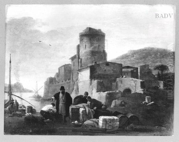 Italienischer Hafen mit Befestigungen und Staffage - view 1