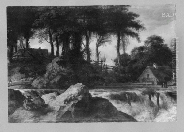 Landschaft mit Wasserfall, Bauernhutten und Staffage - view 1