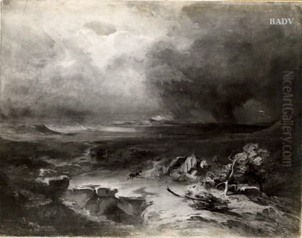 landscape with horse frightened by lightening - view 1