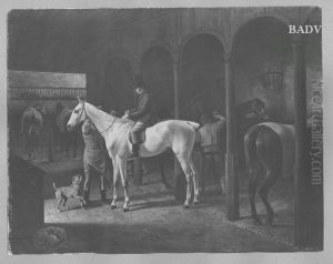 Pferdestallung und Reiter auf einem Schimmel by Franz Kruger