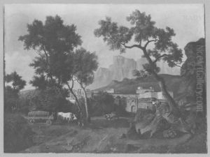 Italian scenery with figures by Jan Hackaert