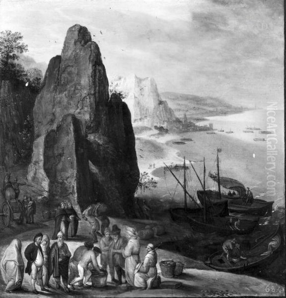 Felsige Kustenlandschaft, am Strande Fischhandler und Boote - view 1