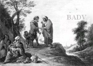 Zigeunerfamilie und Bauern, mit Handleserin und stehlendem Kind