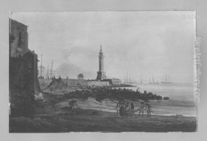 Italienische Kustenlandschaft mit Leuchtturm und Staffage (bei Pozzuoli, im Hintergrund der Vesuv) by Josef Rebell