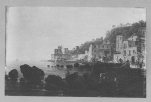 Italienische Kustenlandschaft mit Villen und Staffage (bei Positano, im Hintergrund die Insel Capri) by Josef Rebell