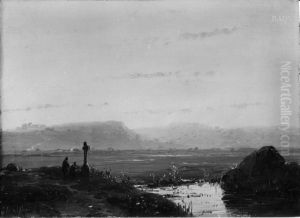 Landschaft mit zwei (betenden) Personen bei einem Wegekreuz Landschaft mit zwei (betenden) Personen bei einem Wegekreuz