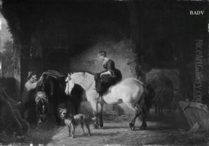 Im Pferdestall, im Vordergrund ein Bauernmadchen by Pieter Frederik Van Os