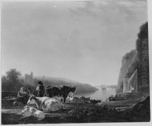 Dutch River landscape with cows by Jacob van Strij