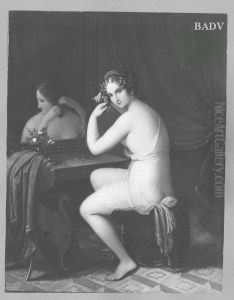Nude in front of a mirror, dressing her hair by Natale Schiavoni