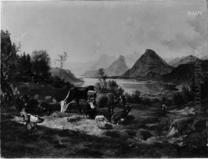 Ansicht des Wolfgangsees bei St. Gilgen mit Vieh by Friedrich Gauermann