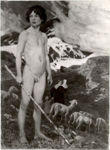 Nackter Hirtenknabe mit Schafen im Hochgebirge by Ludwig Von Hofmann