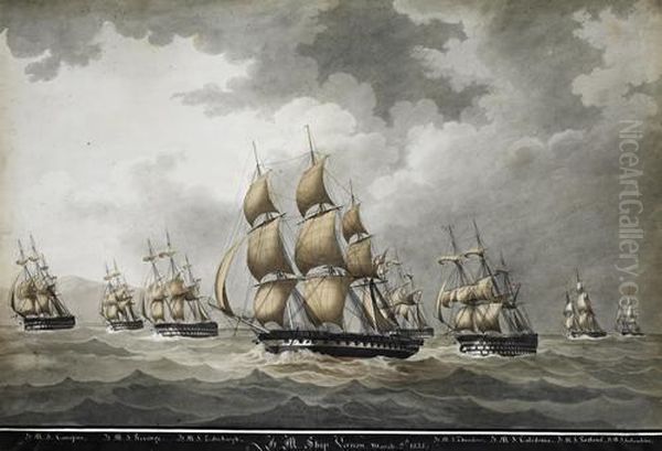 Seven Warships Proceding Under Sail - view 1