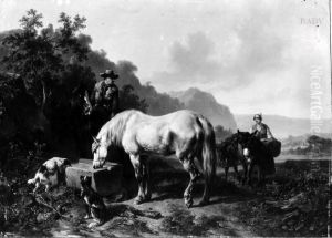 Reiter mit zwei Pferden an der Tranke und Madchen mit Packesel (in gebirgiger Landschaft) by Wouterus Verschuur