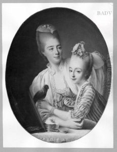 Lady with girl at a mirror by Francois-Hubert Drouais