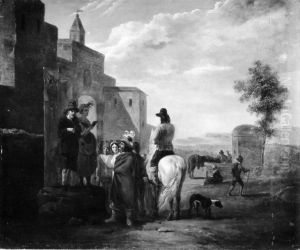 Bankelsangerpaar und Zuhorergruppe mit Reiter Bankelsangerpaar und Zuhorergruppe mit Reiter