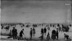Winterlandschaft mit Eislaufern und Schlitten by Hendrick Avercamp
